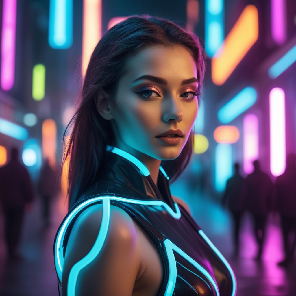A stunning image of beautiful model in a neon-lit futuristic city.