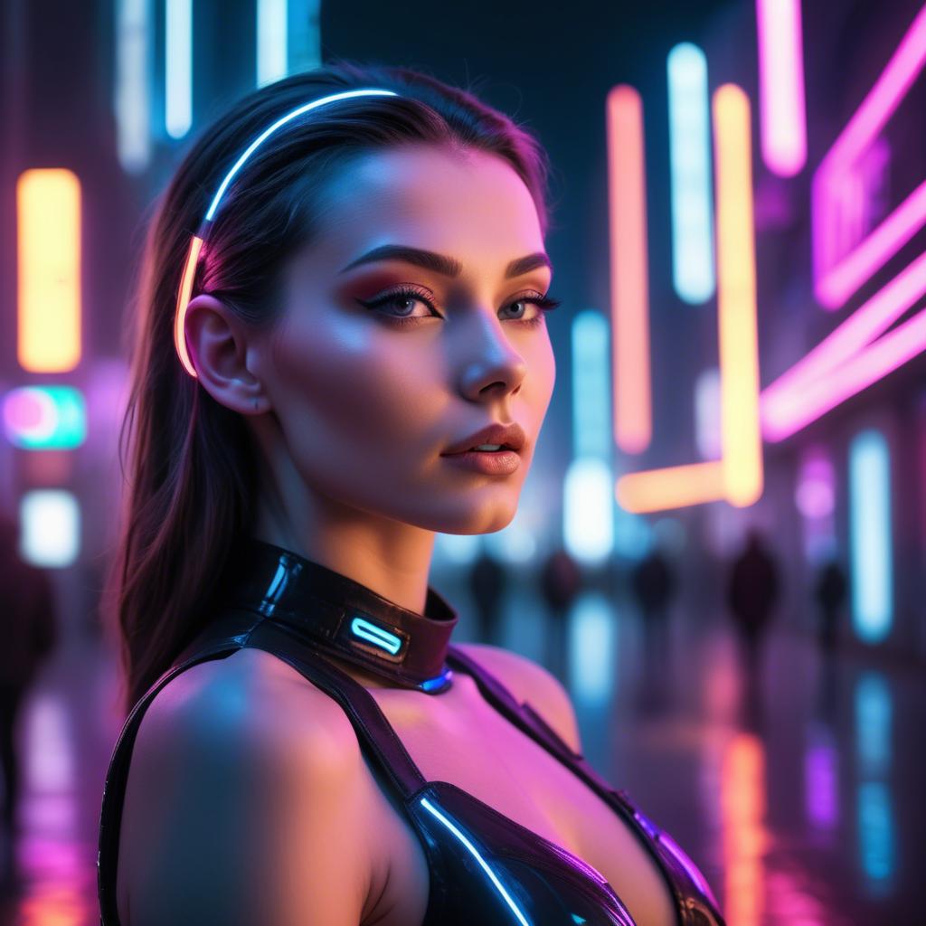 A stunning image of beautiful model in a neon-lit futuristic city.