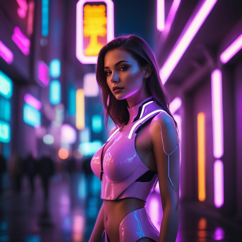 A stunning image of beautiful model in a neon-lit futuristic city.