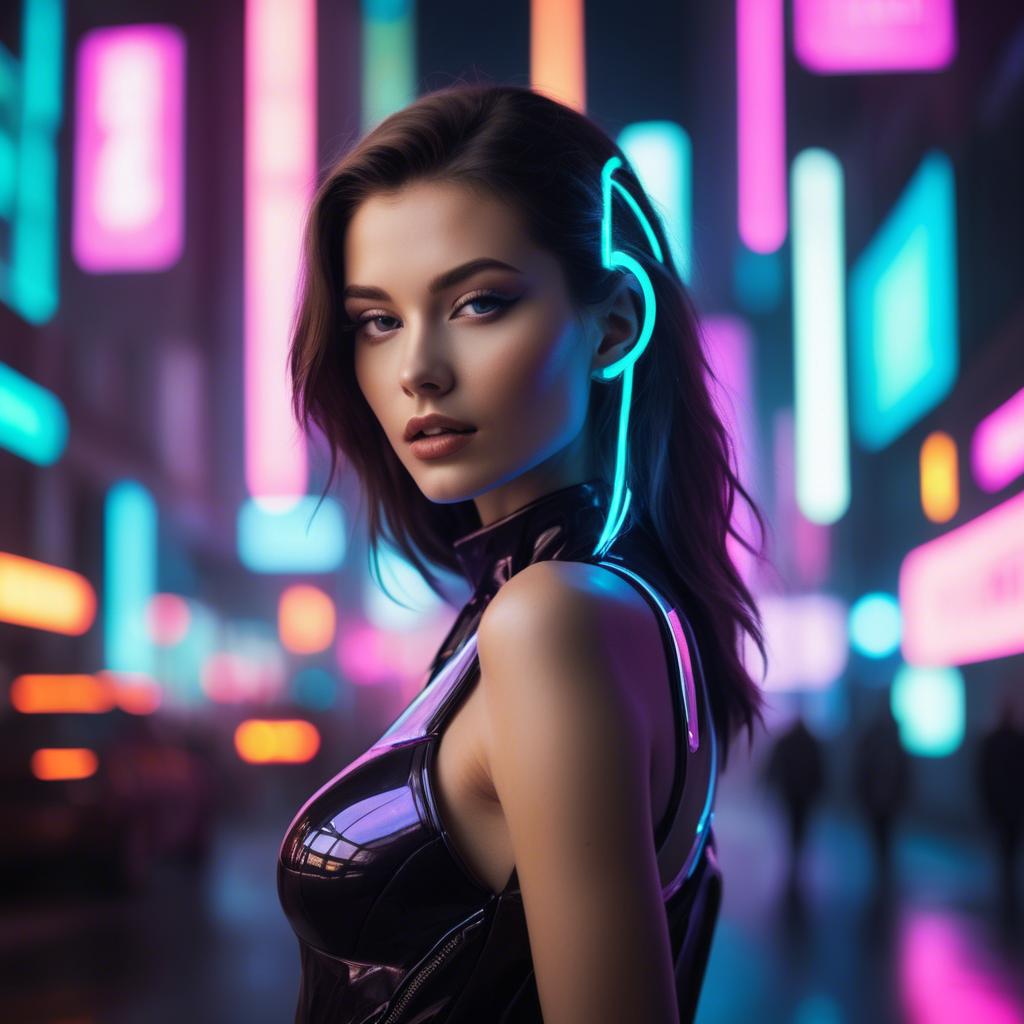 A stunning image of beautiful model in a neon-lit futuristic city.