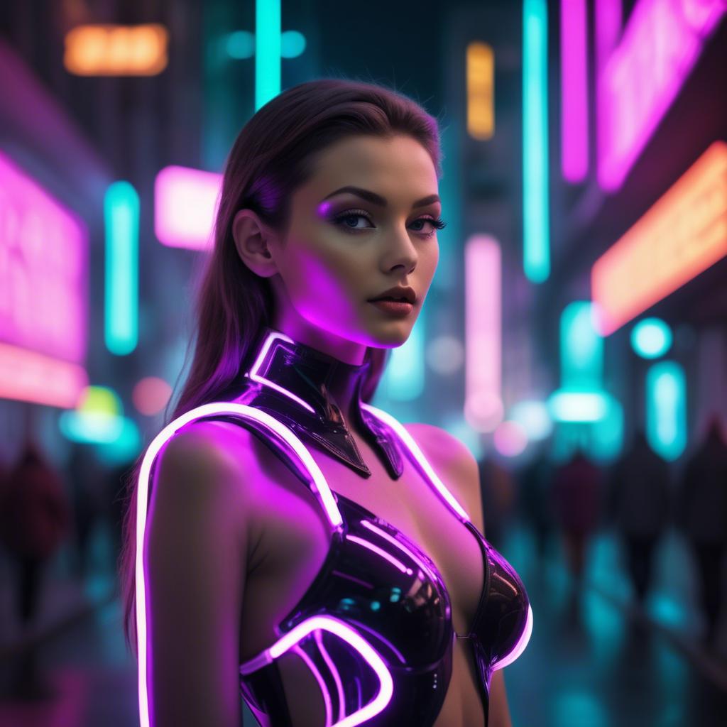 A stunning image of beautiful model in a neon-lit futuristic city.