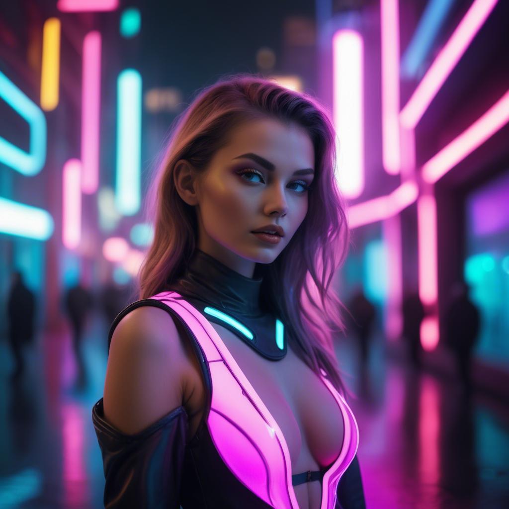 A stunning image of beautiful model in a neon-lit futuristic city.
