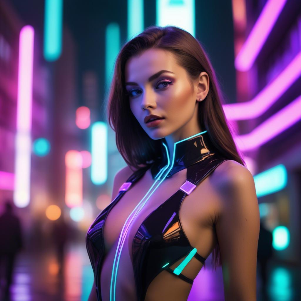 A stunning image of beautiful model in a neon-lit futuristic city.