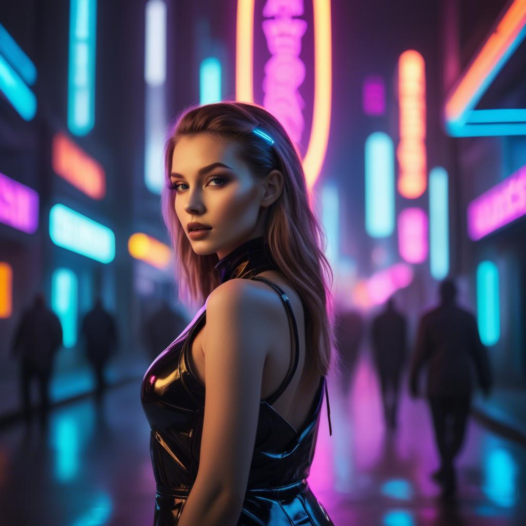 A stunning image of beautiful model in a neon-lit futuristic city.