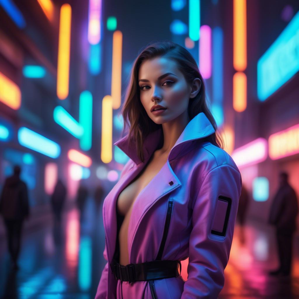 A stunning image of beautiful model in a neon-lit futuristic city.