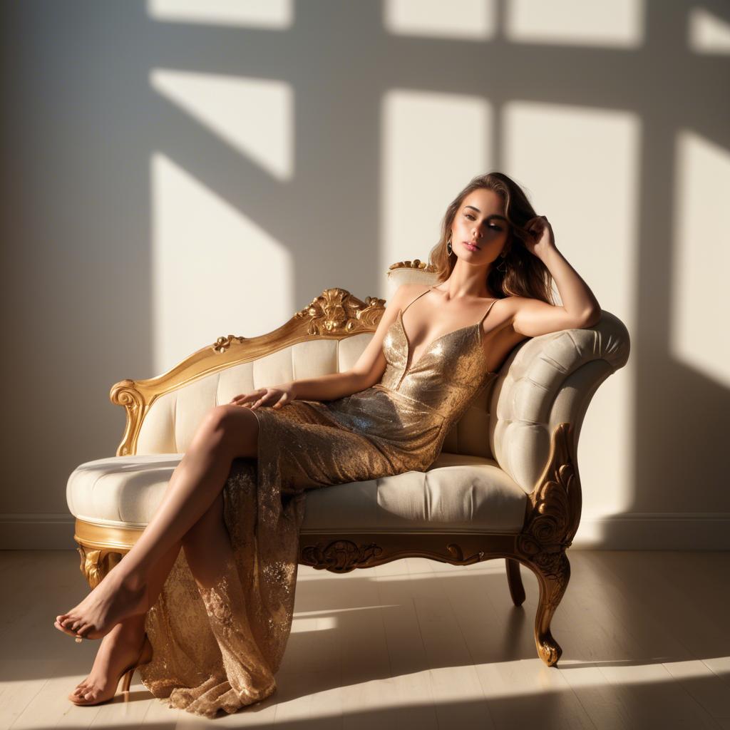 A stunning image of beautiful model on a chaise lounge in golden light.