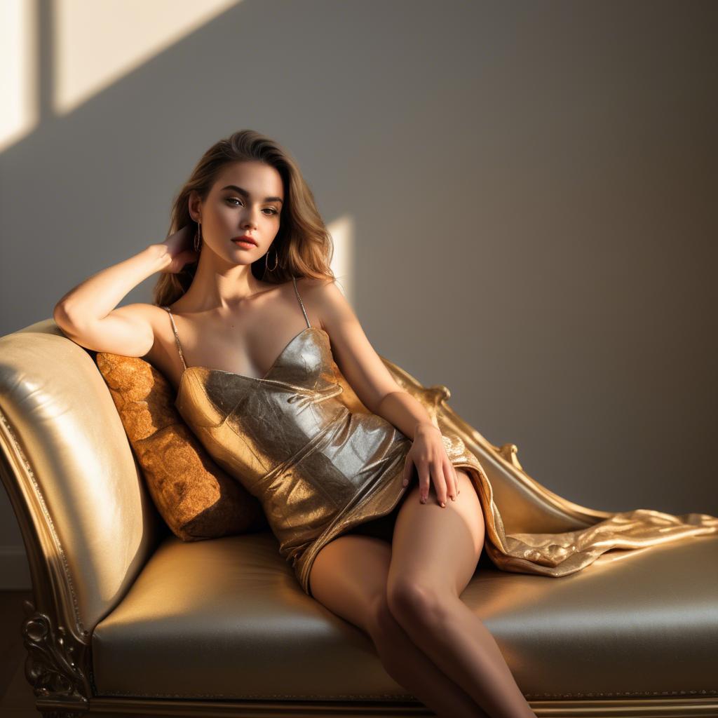 A stunning image of beautiful model on a chaise lounge in golden light.