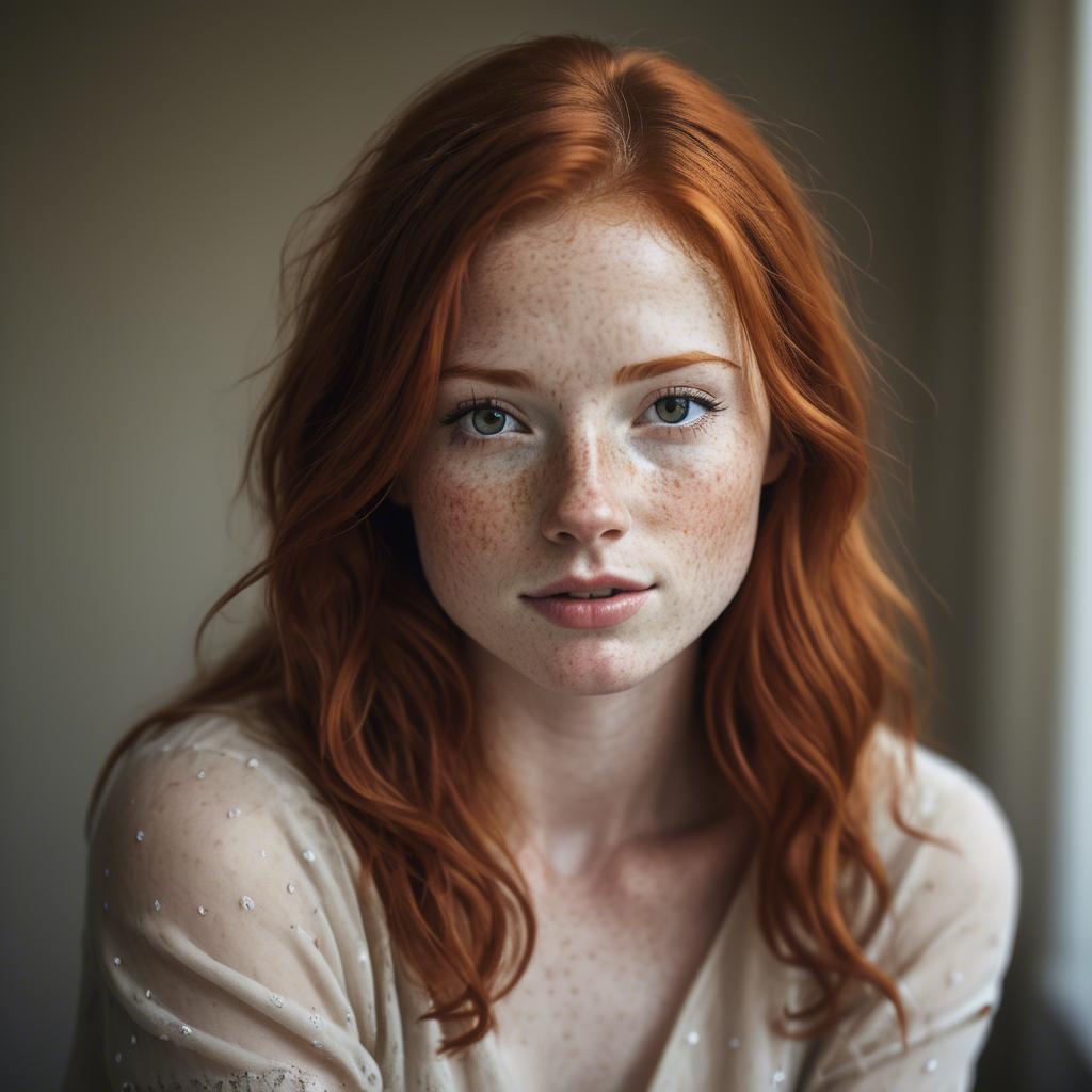 A stunning image of beautiful redhead with freckles in soft natural light.
