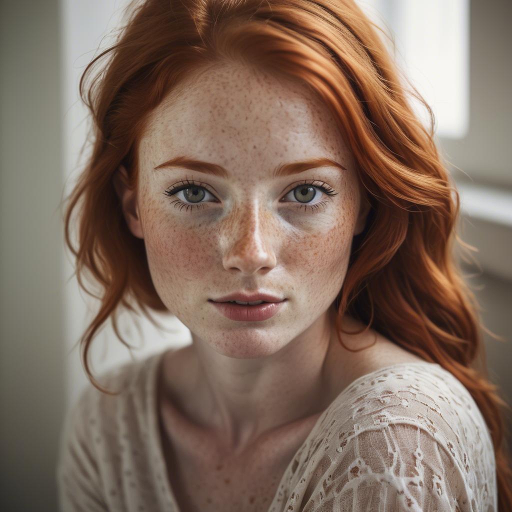 A stunning image of beautiful redhead with freckles in soft natural light.