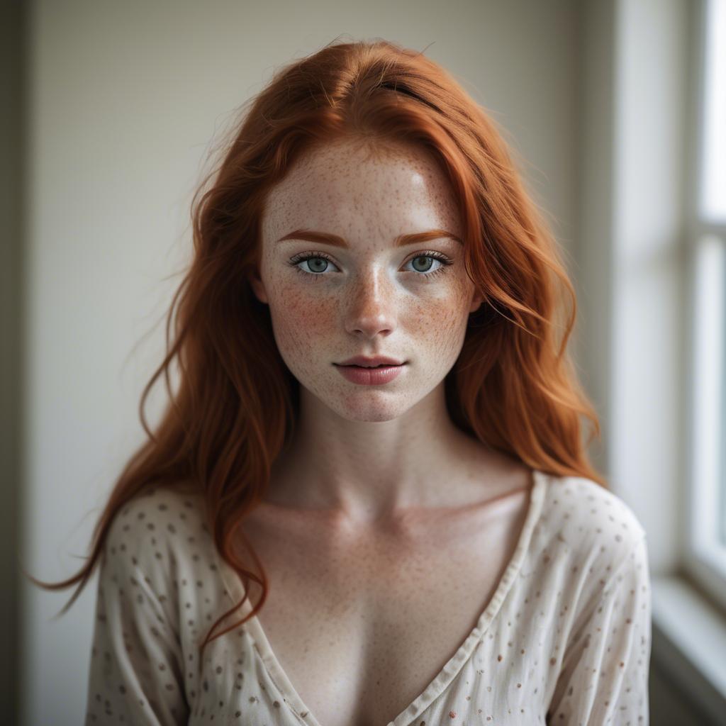 A stunning image of beautiful redhead with freckles in soft natural light.