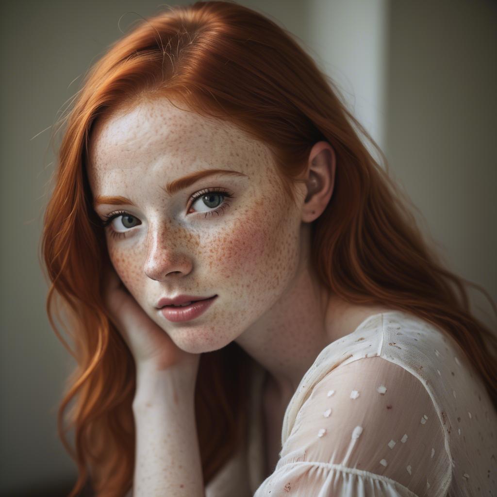 A stunning image of beautiful redhead with freckles in soft natural light.