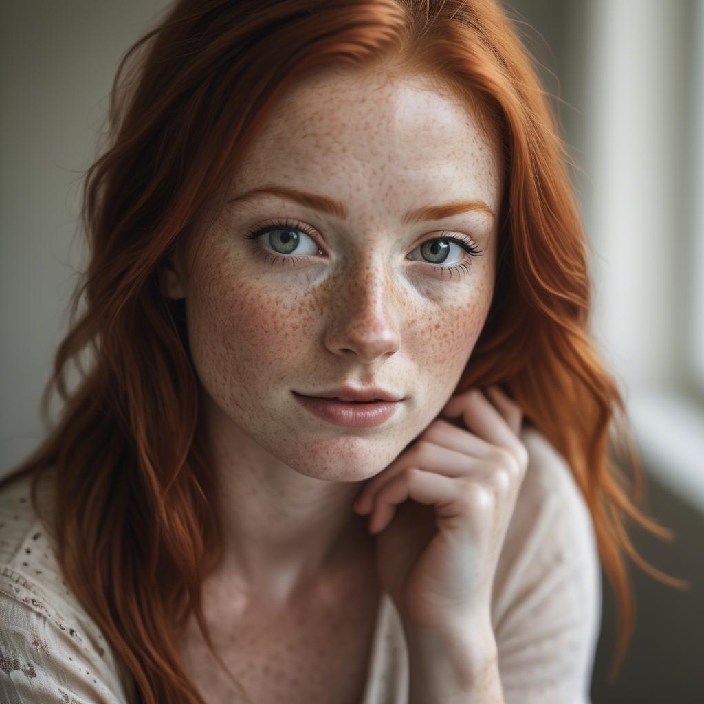 A stunning image of beautiful redhead with freckles in soft natural light.