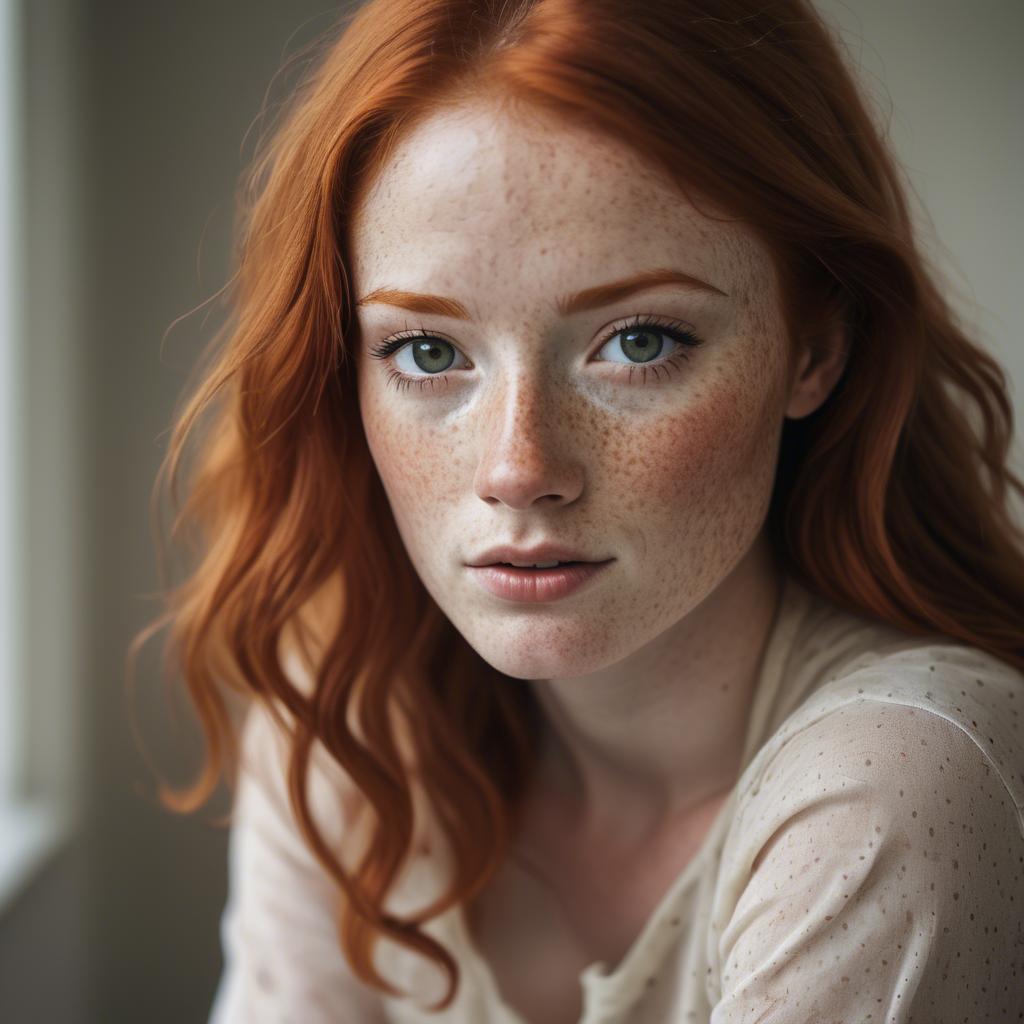 A stunning image of beautiful redhead with freckles in soft natural light.