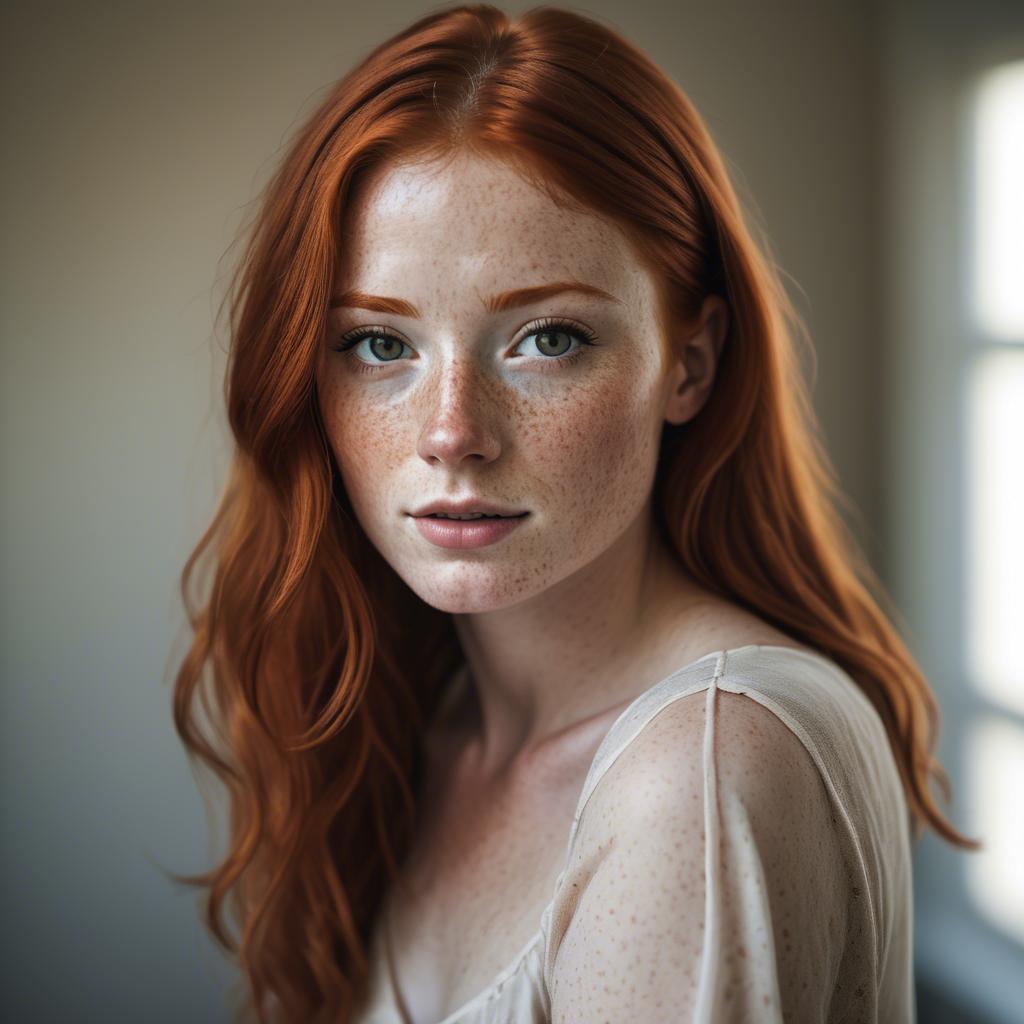 A stunning image of beautiful redhead with freckles in soft natural light.