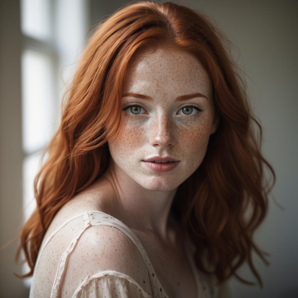 A stunning image of beautiful redhead with freckles in soft natural light.