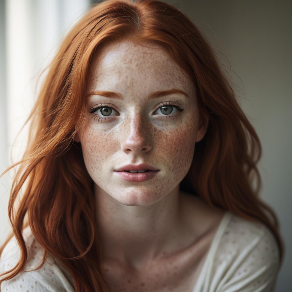 A stunning image of beautiful redhead with freckles in soft natural light.