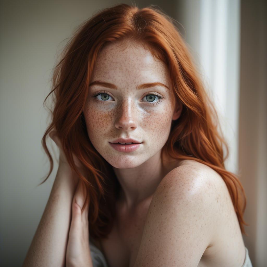 A stunning image of beautiful redhead with freckles in soft natural light.