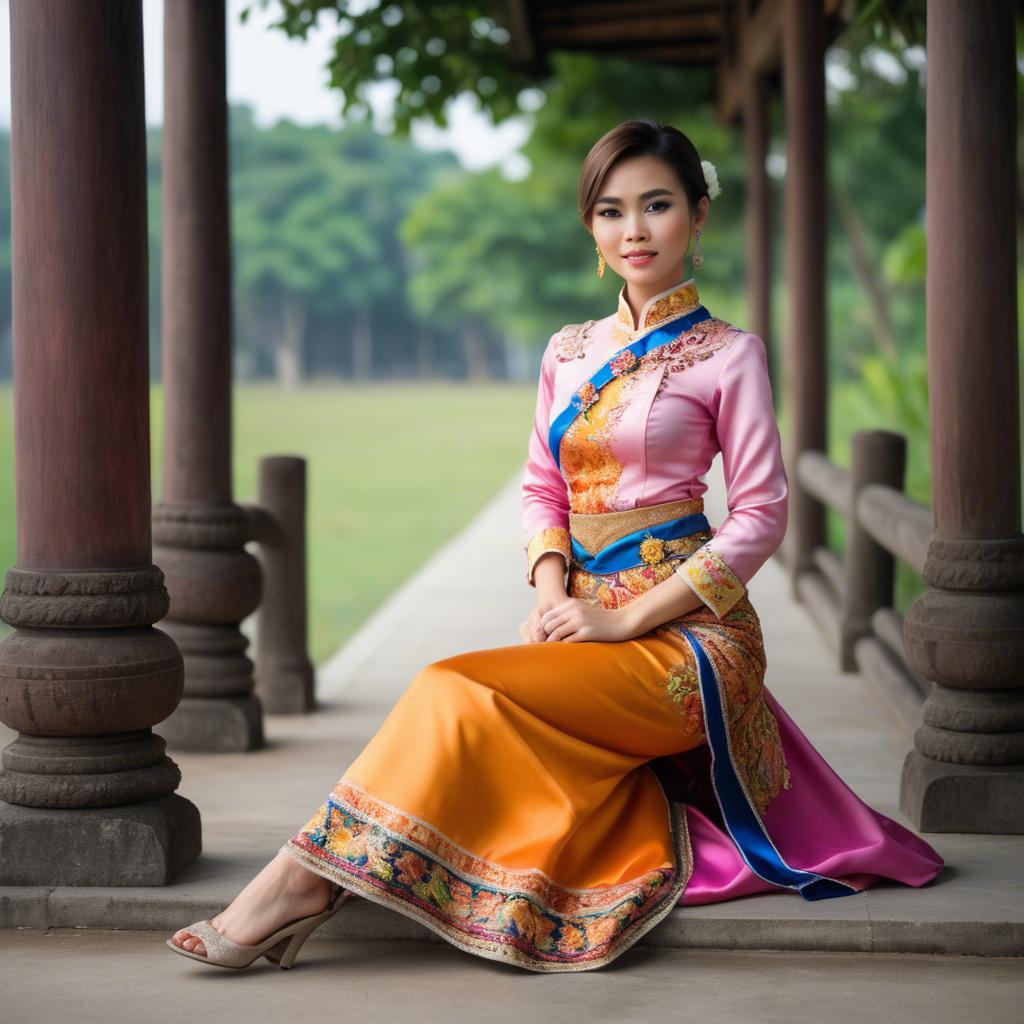 A stunning image of beautiful thai woman in a colorful traditional dress.