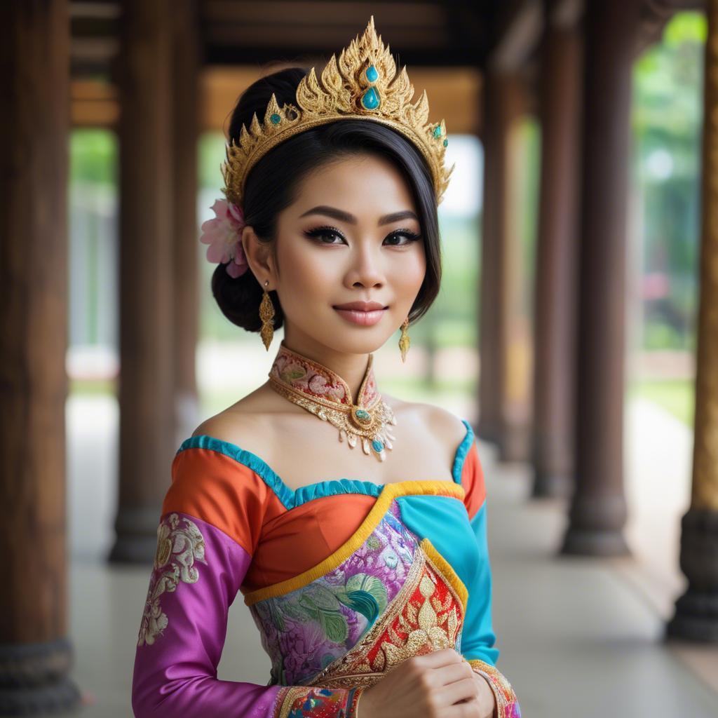 A stunning image of beautiful thai woman in a colorful traditional dress.