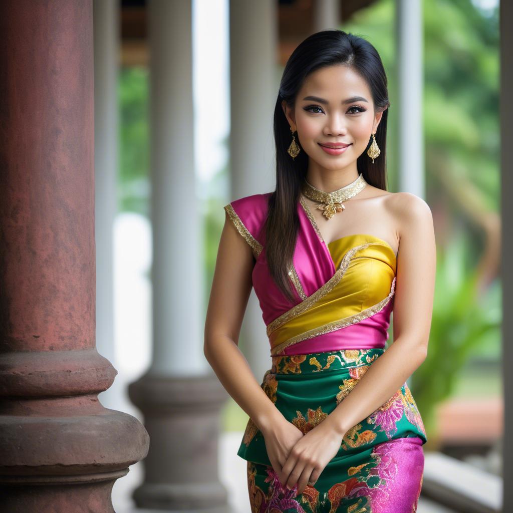 A stunning image of beautiful thai woman in a colorful traditional dress.