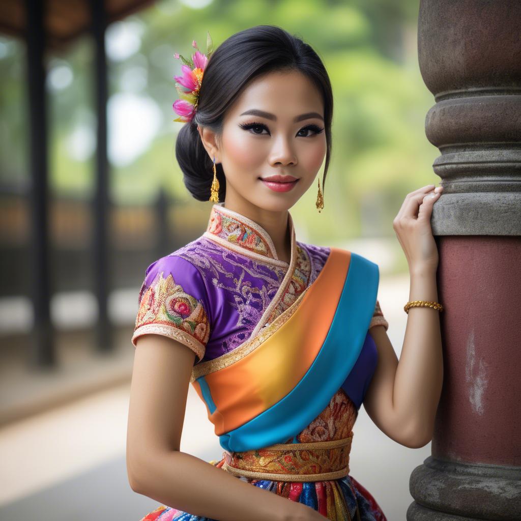 A stunning image of beautiful thai woman in a colorful traditional dress.