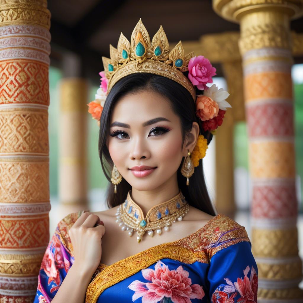 A stunning image of beautiful thai woman in a colorful traditional dress.