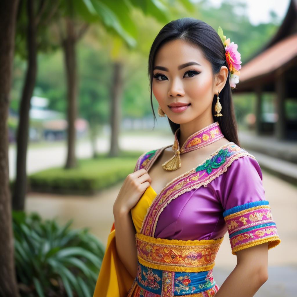 A stunning image of beautiful thai woman in a colorful traditional dress.