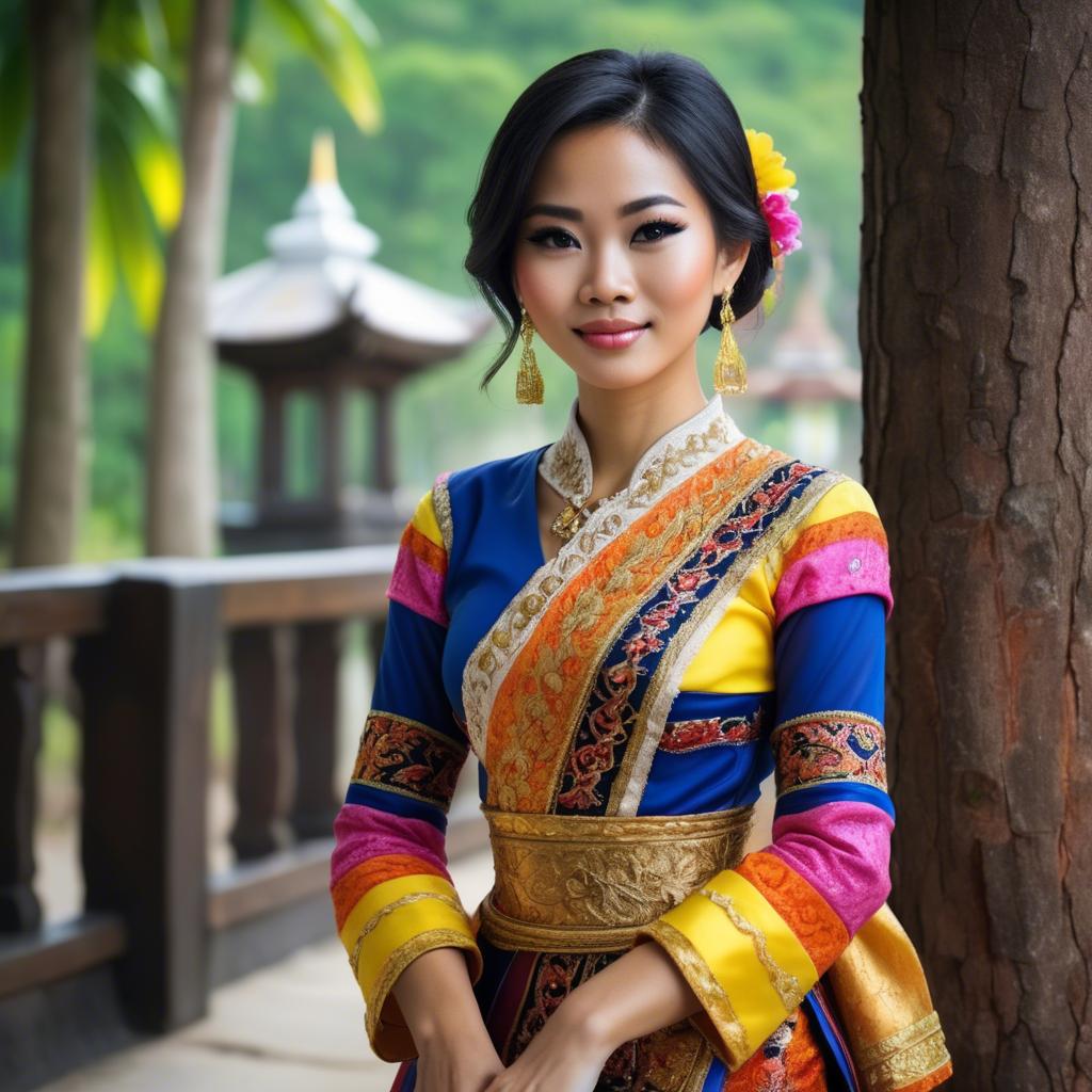 A stunning image of beautiful thai woman in a colorful traditional dress.