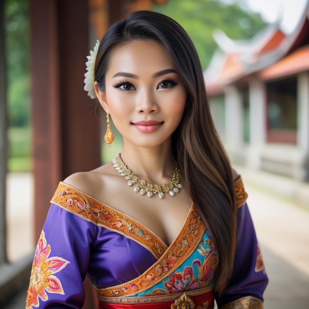 A stunning image of beautiful thai woman in a colorful traditional dress.