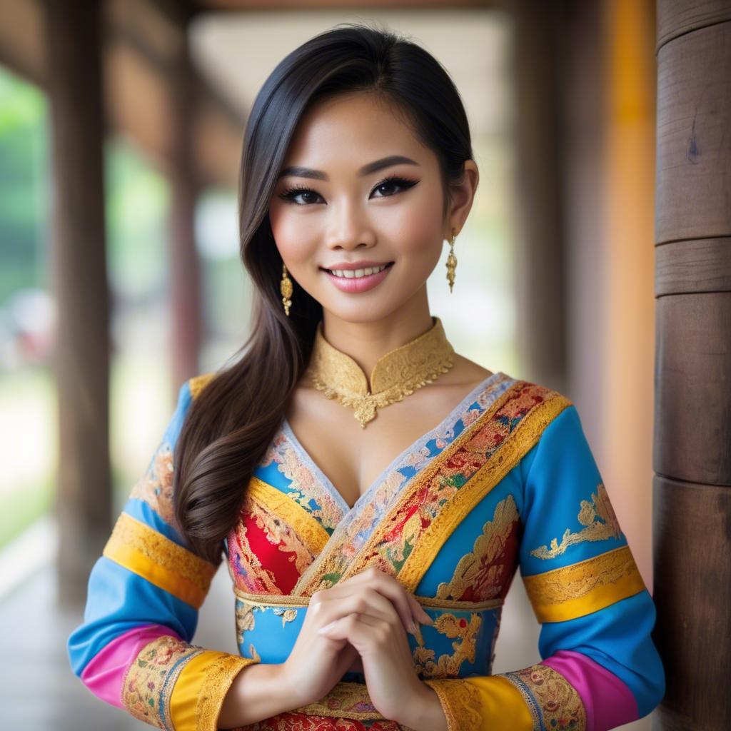 A stunning image of beautiful thai woman in a colorful traditional dress.
