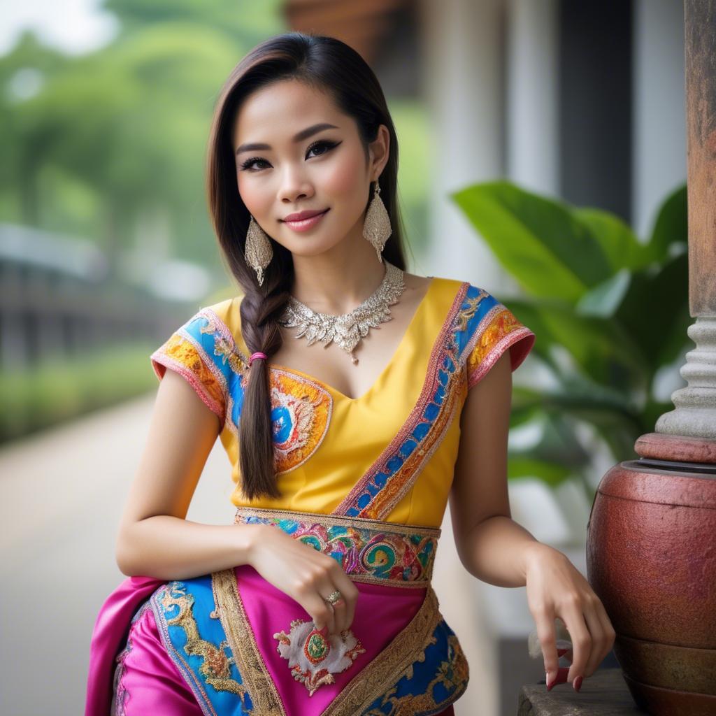 A stunning image of beautiful thai woman in a colorful traditional dress.