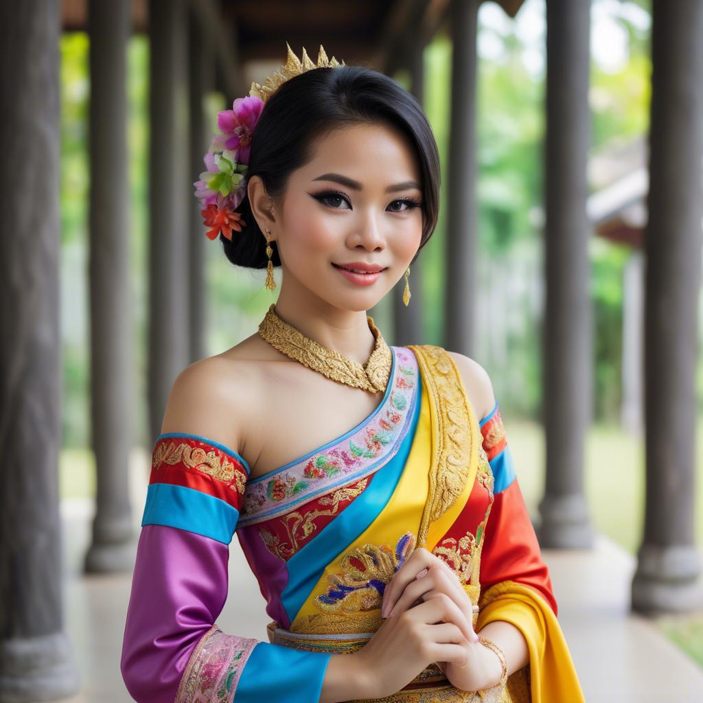 A stunning image of beautiful thai woman in a colorful traditional dress.