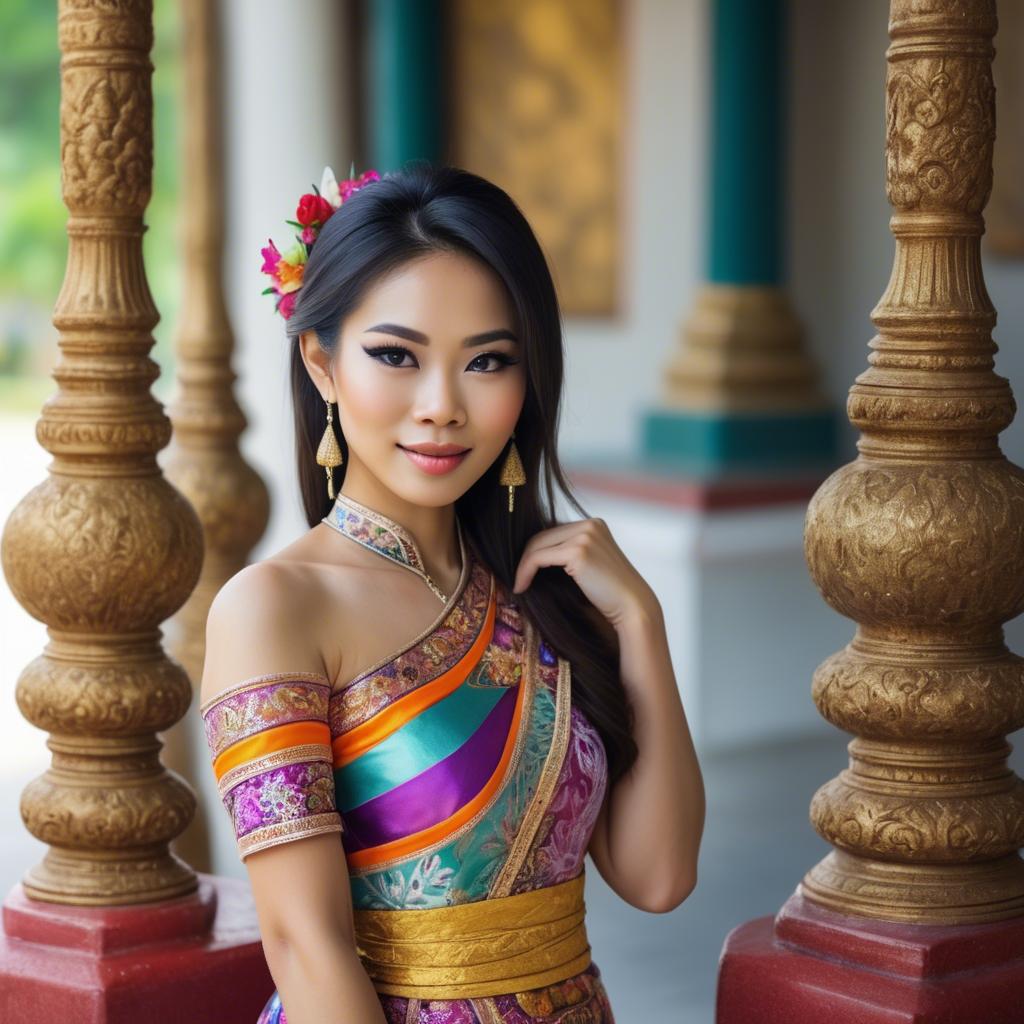 A stunning image of beautiful thai woman in a colorful traditional dress.