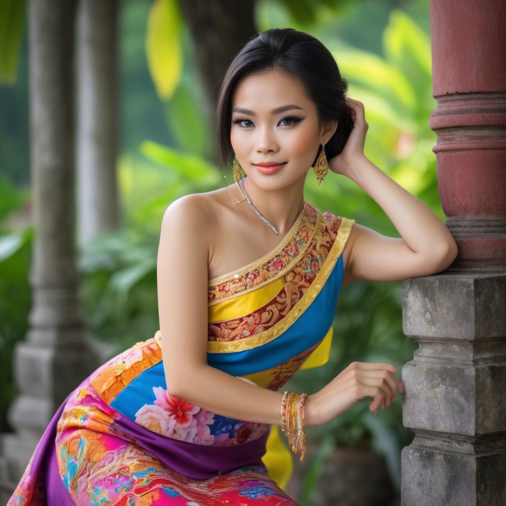 A stunning image of beautiful thai woman in a colorful traditional dress.