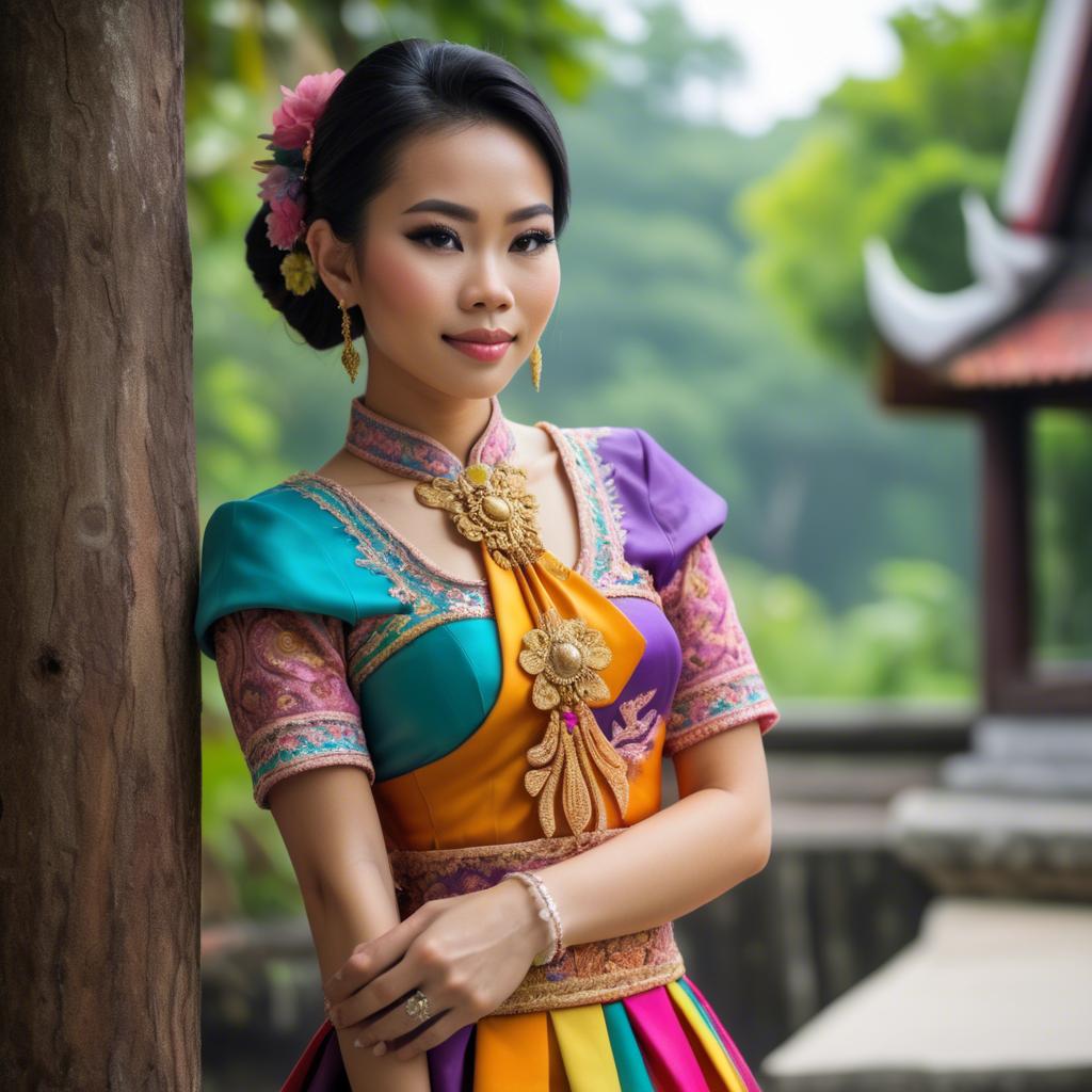 A stunning image of beautiful thai woman in a colorful traditional dress.