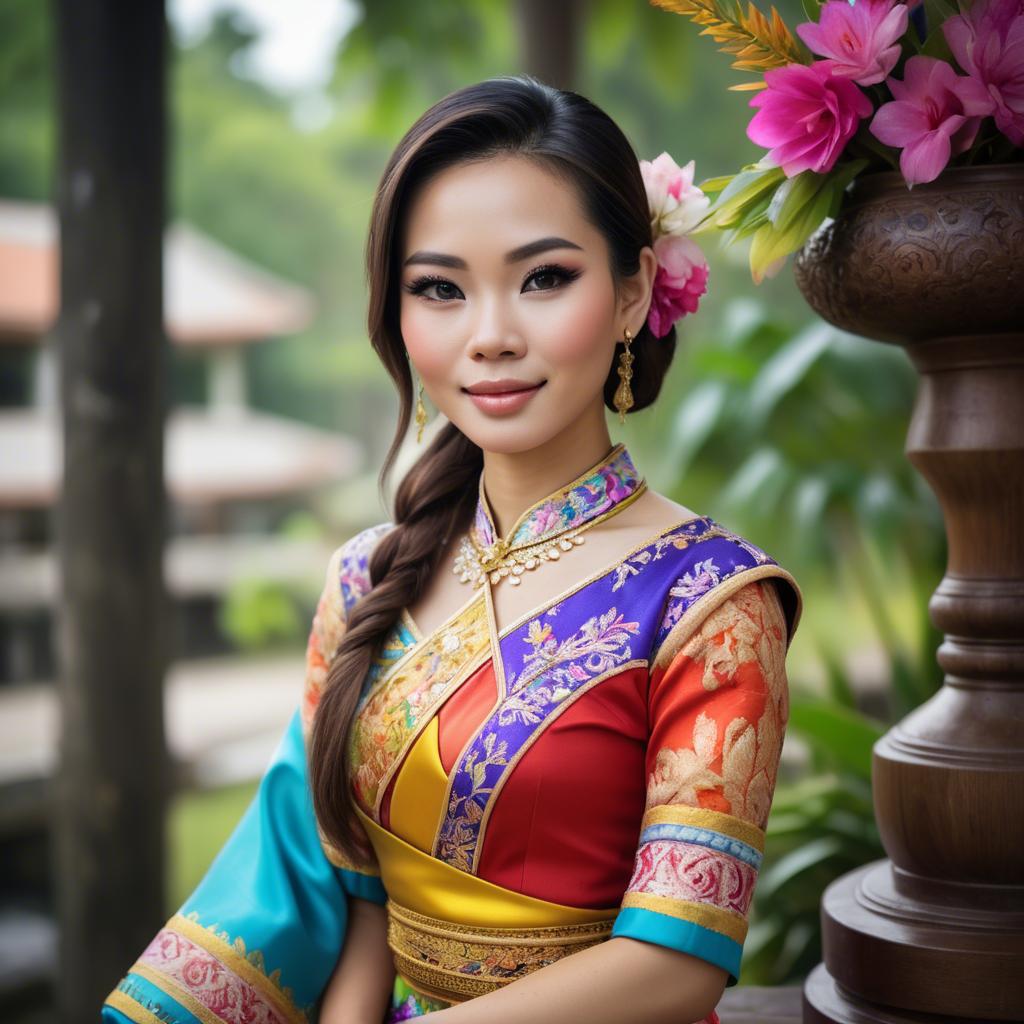 A stunning image of beautiful thai woman in a colorful traditional dress.