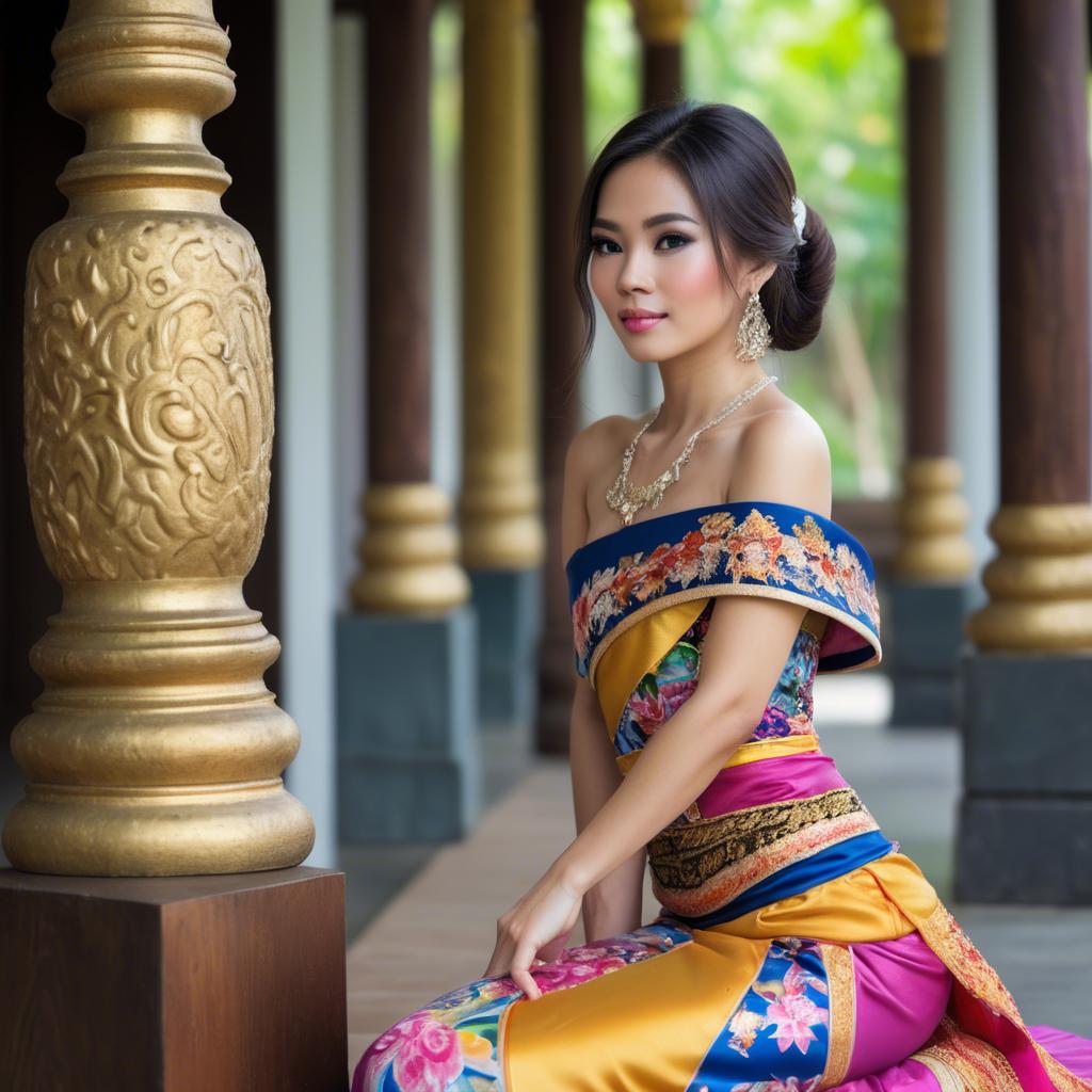 A stunning image of beautiful thai woman in a colorful traditional dress.