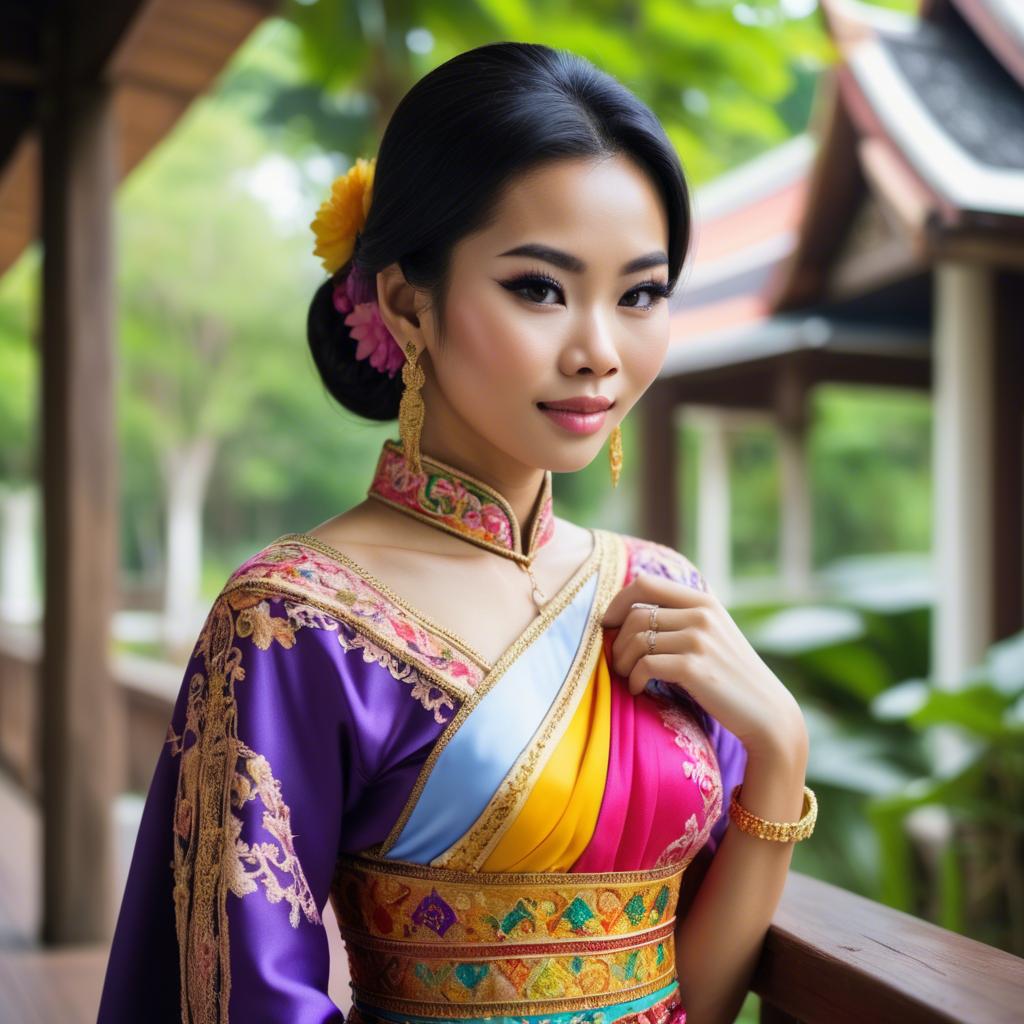 A stunning image of beautiful thai woman in a colorful traditional dress.