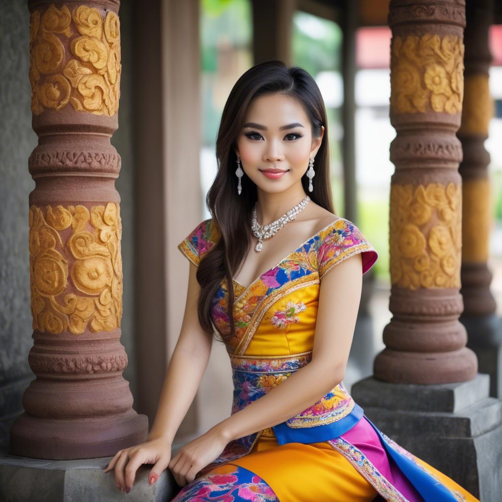 A stunning image of beautiful thai woman in a colorful traditional dress.