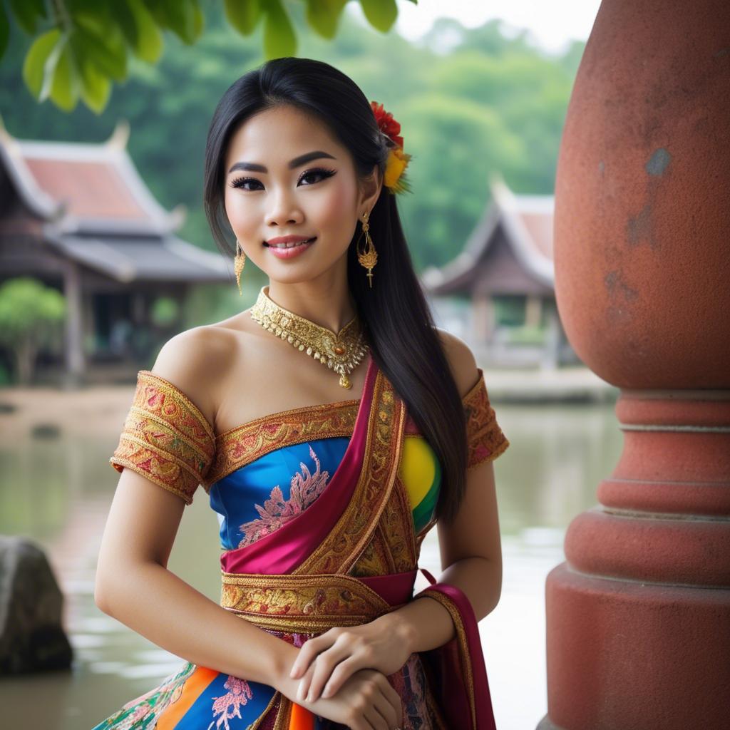 A stunning image of beautiful thai woman in a colorful traditional dress.