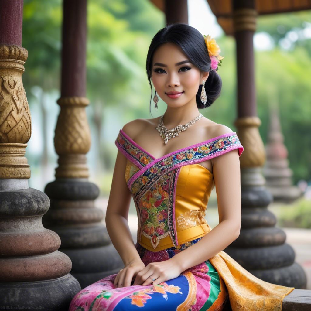 A stunning image of beautiful thai woman in a colorful traditional dress.