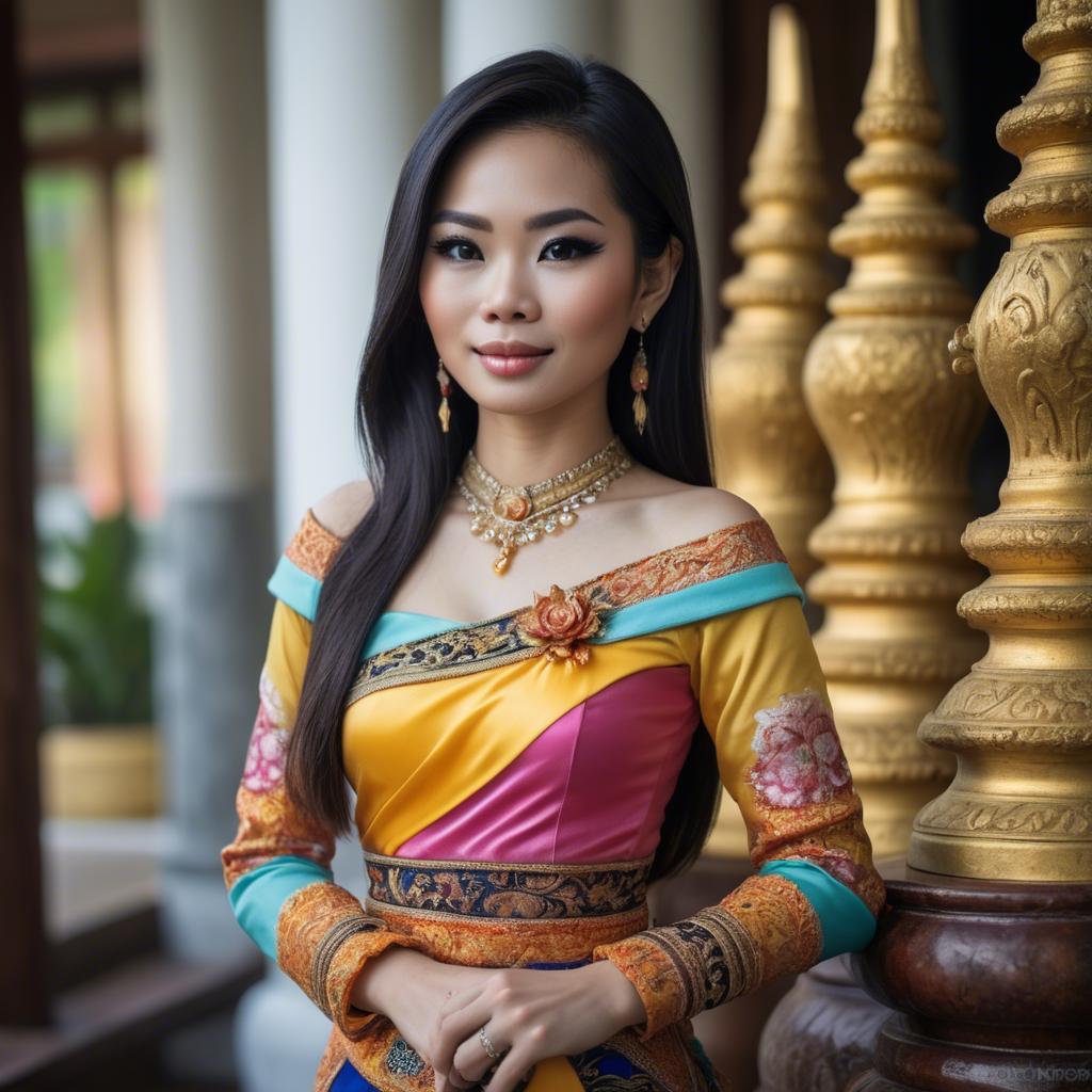 A stunning image of beautiful thai woman in a colorful traditional dress.