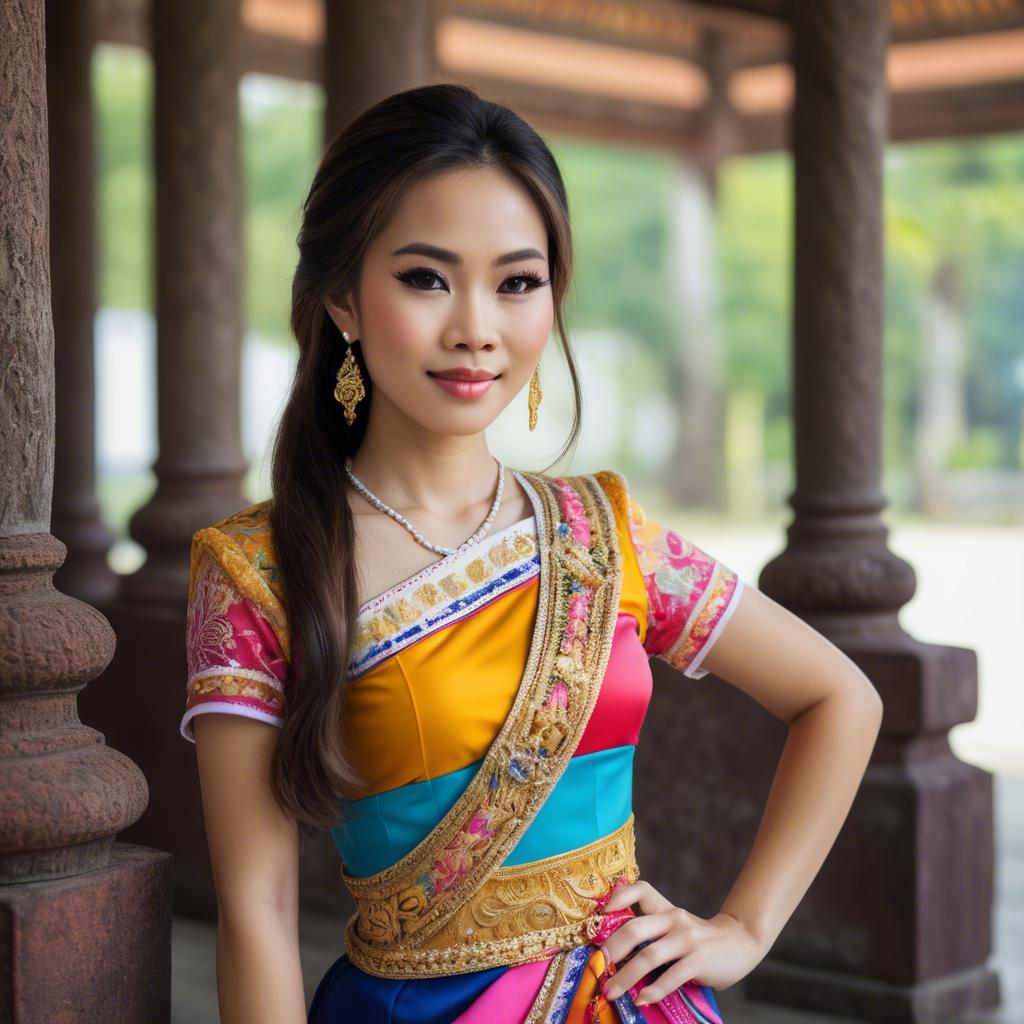 A stunning image of beautiful thai woman in a colorful traditional dress.