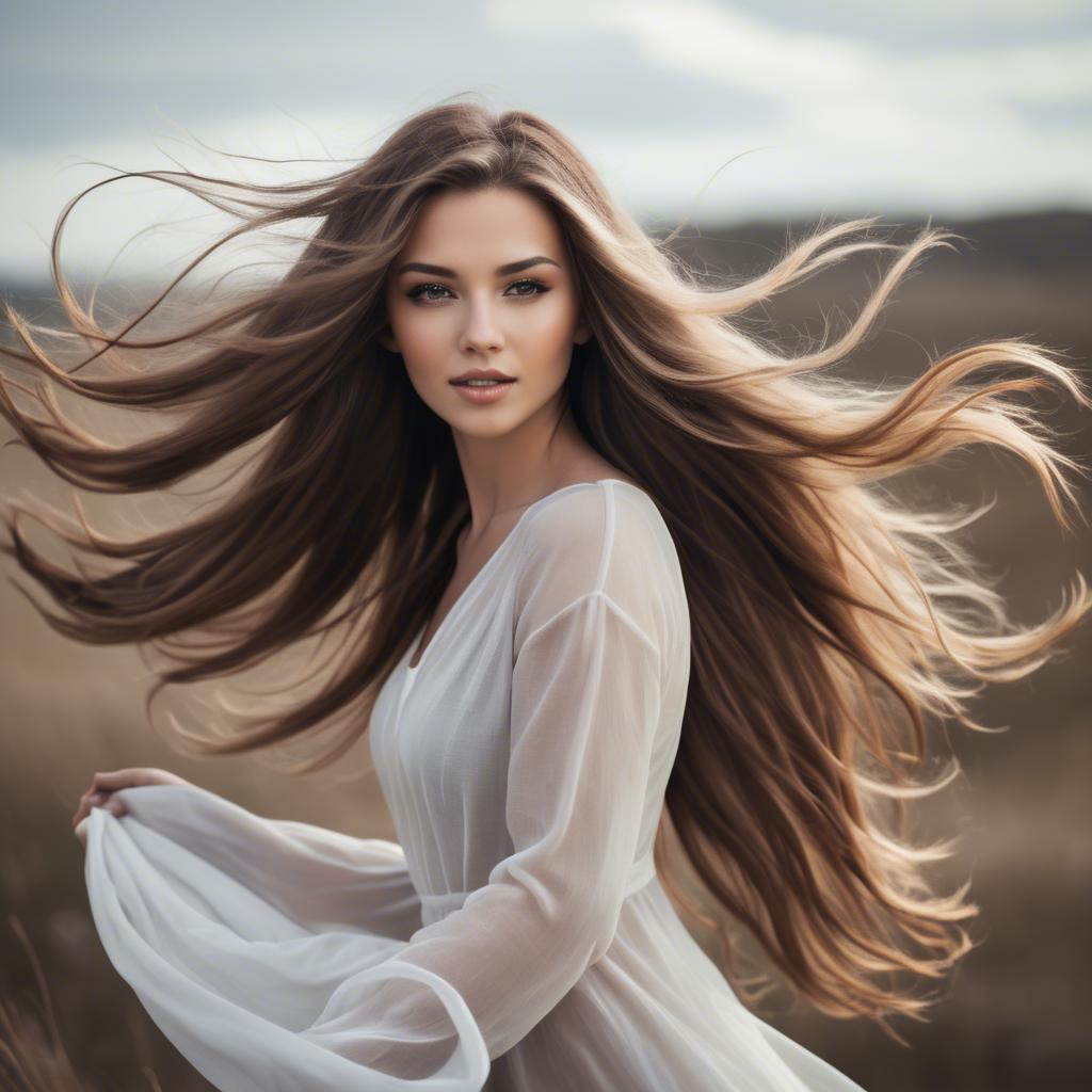 A stunning image of beautiful woman with long hair flowing in the wind.