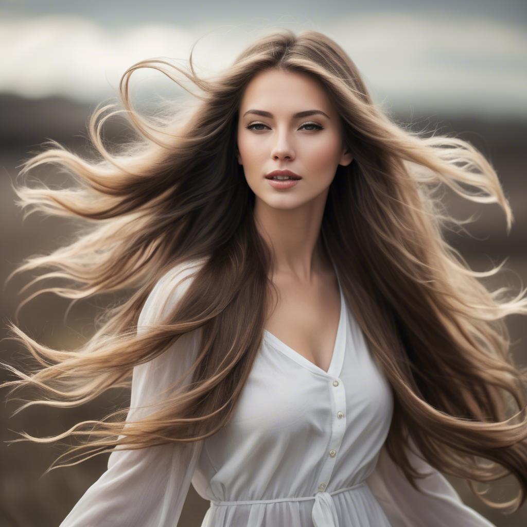 A stunning image of beautiful woman with long hair flowing in the wind.