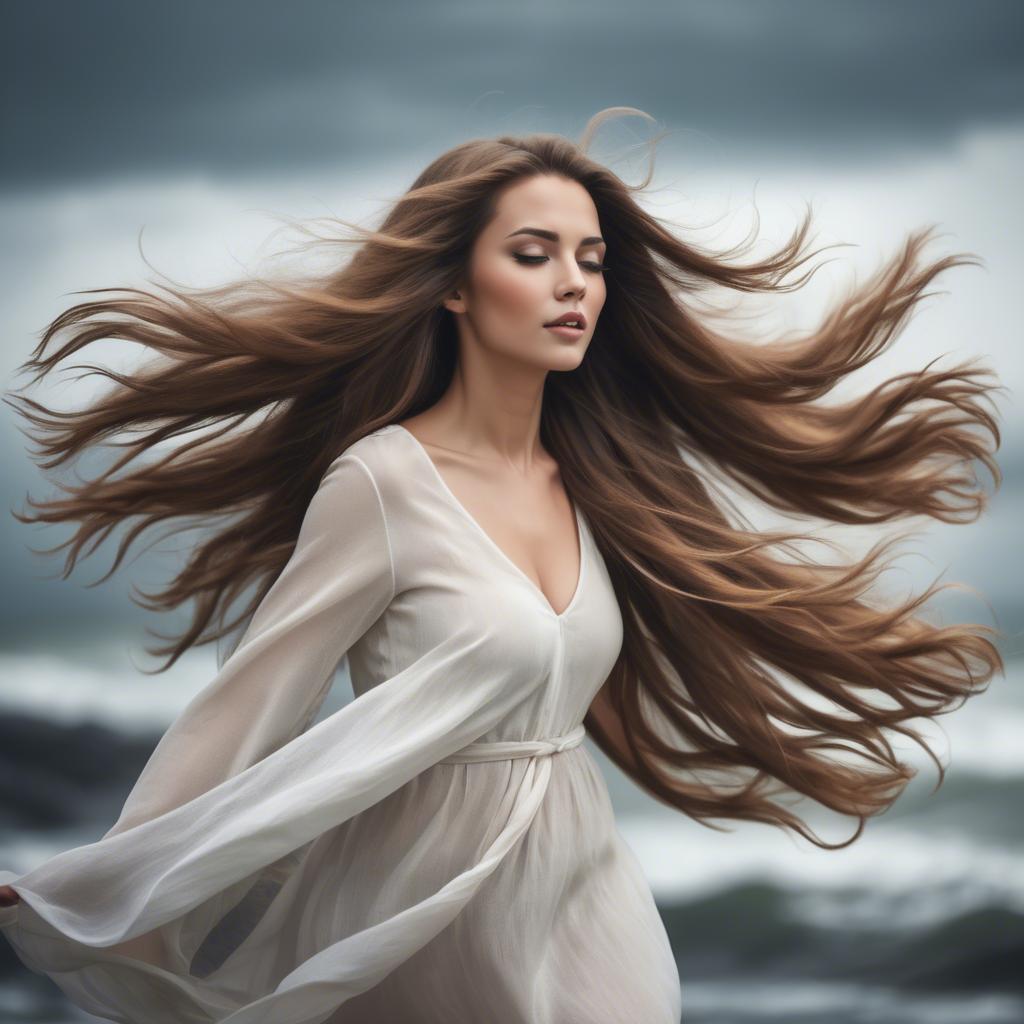 A stunning image of beautiful woman with long hair flowing in the wind.