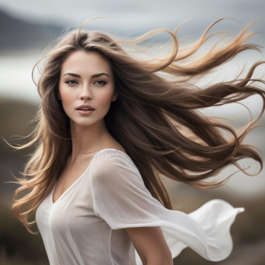 A stunning image of beautiful woman with long hair flowing in the wind.