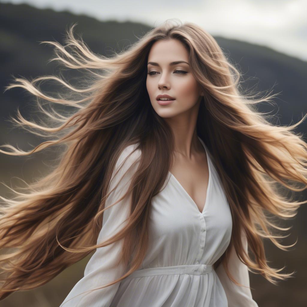A stunning image of beautiful woman with long hair flowing in the wind.