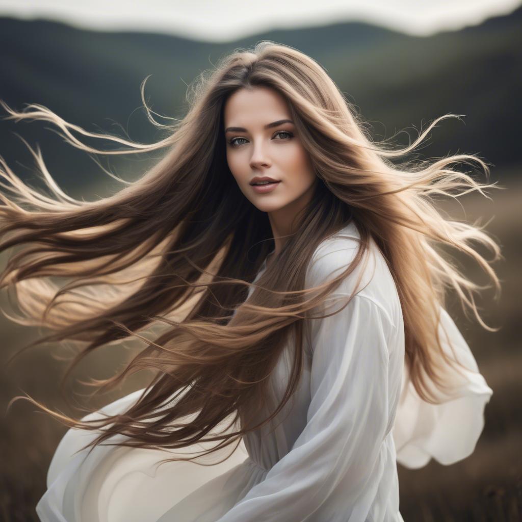 A stunning image of beautiful woman with long hair flowing in the wind.