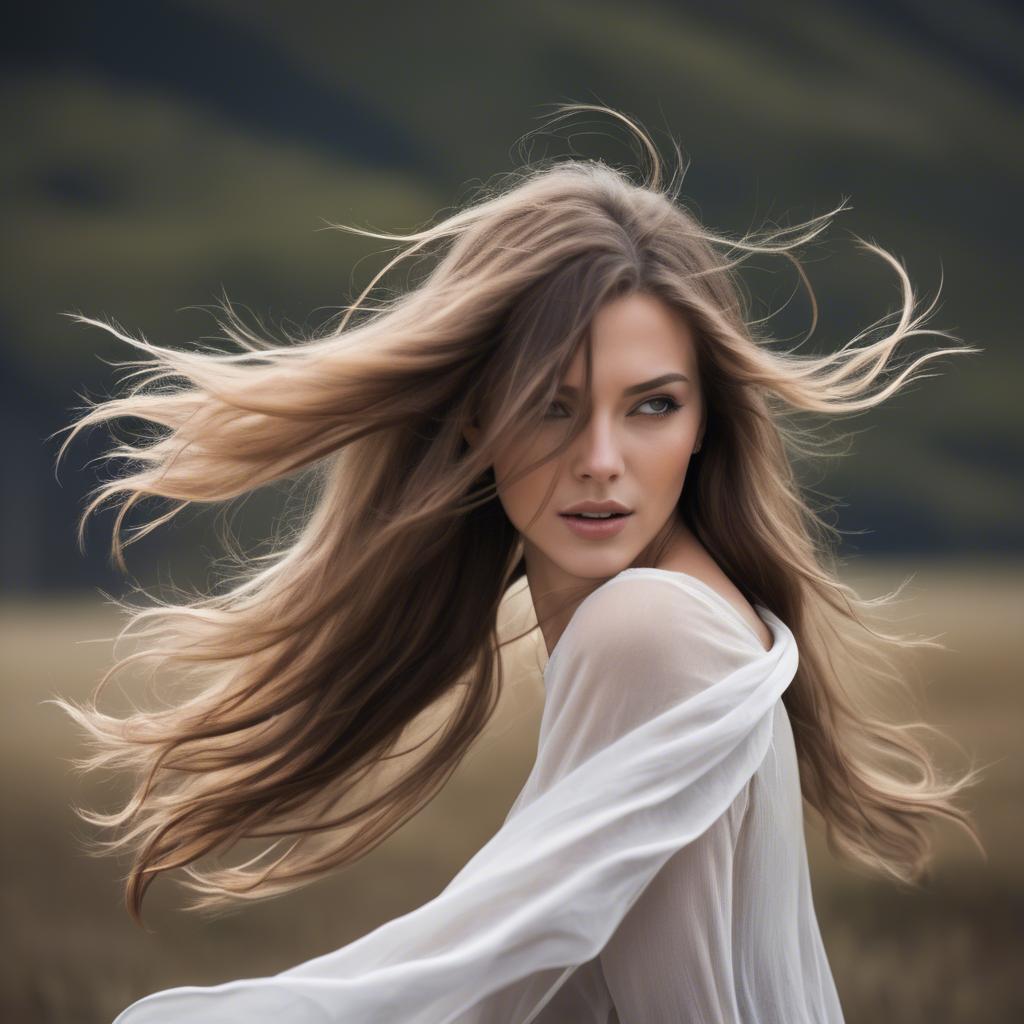 A stunning image of beautiful woman with long hair flowing in the wind.